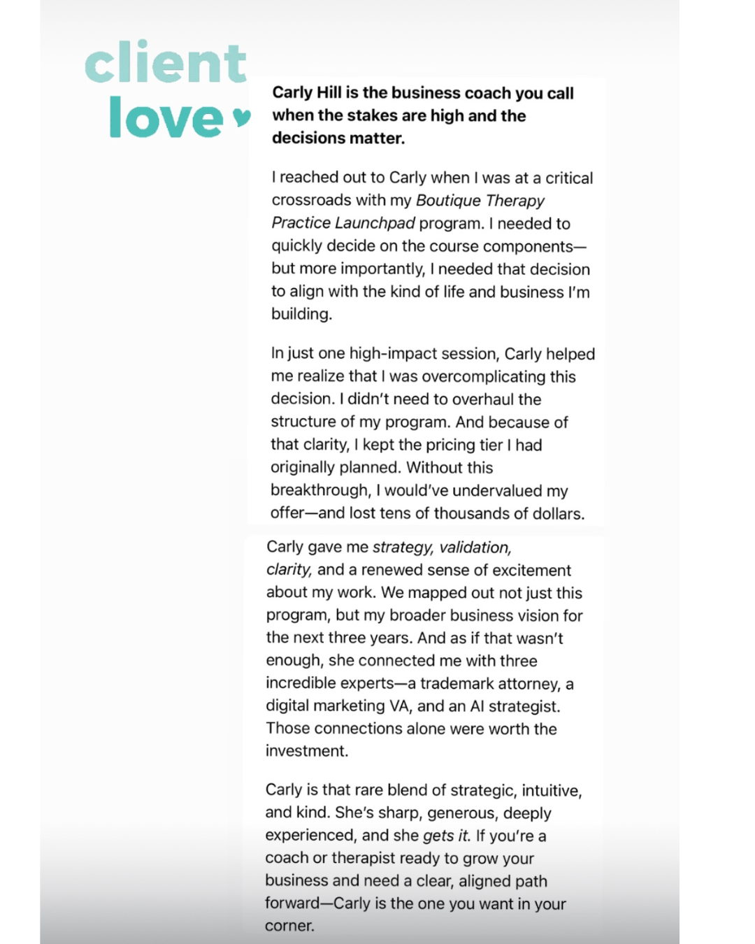 carly hill coaching testimonial