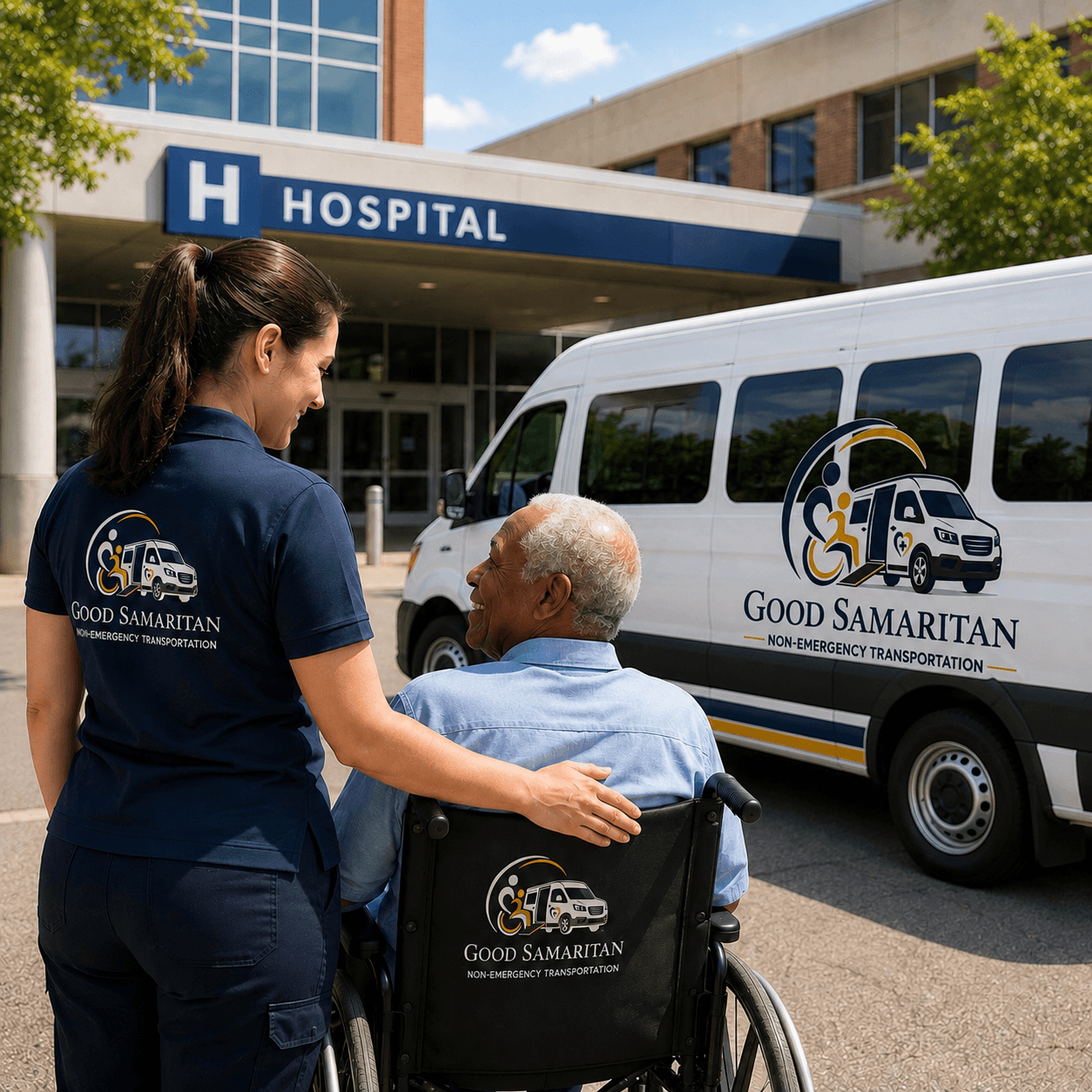 Good Samaritan NEMT driver in branded navy blue uniform with company logo assisting patient into a van with GOOD SAMARITAN NEMT clearly visible on vehicle side panel