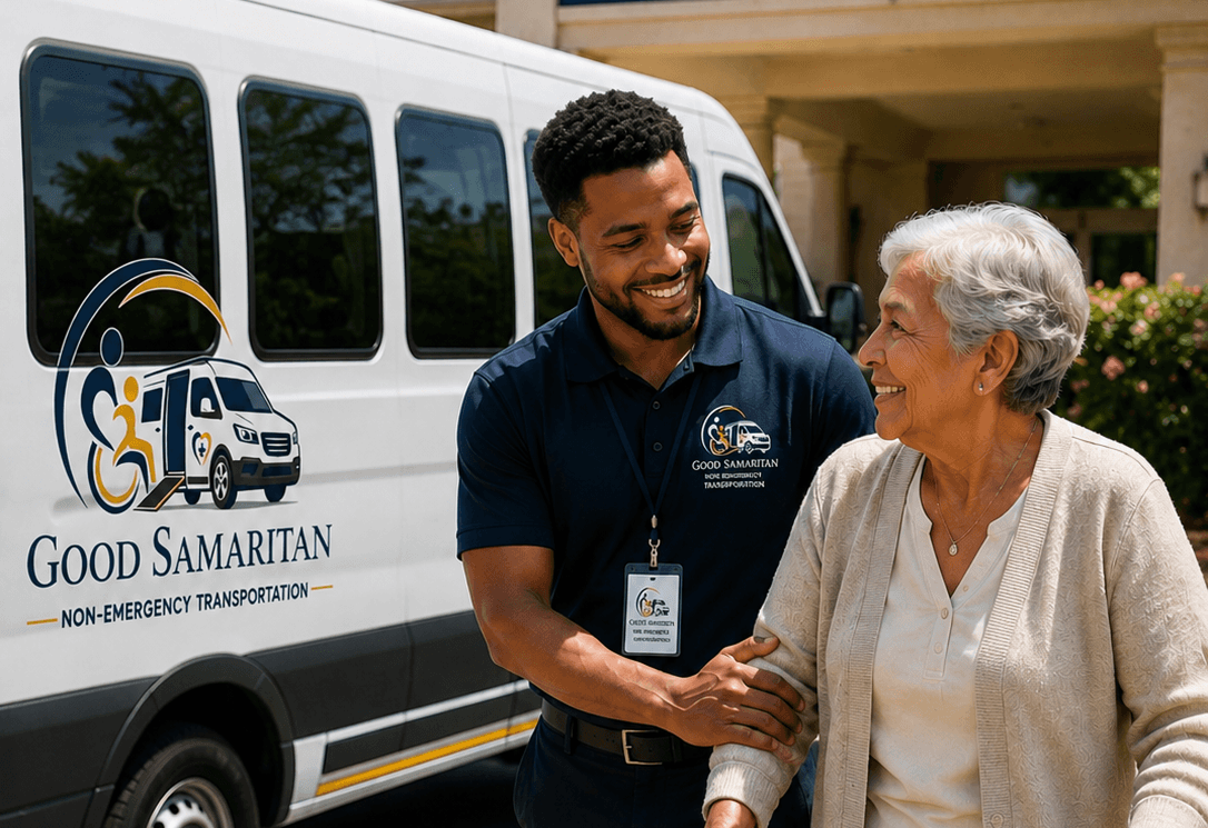 Happy senior passenger comfortably seated inside a Good Samaritan NEMT branded transport van with company logo visible through window