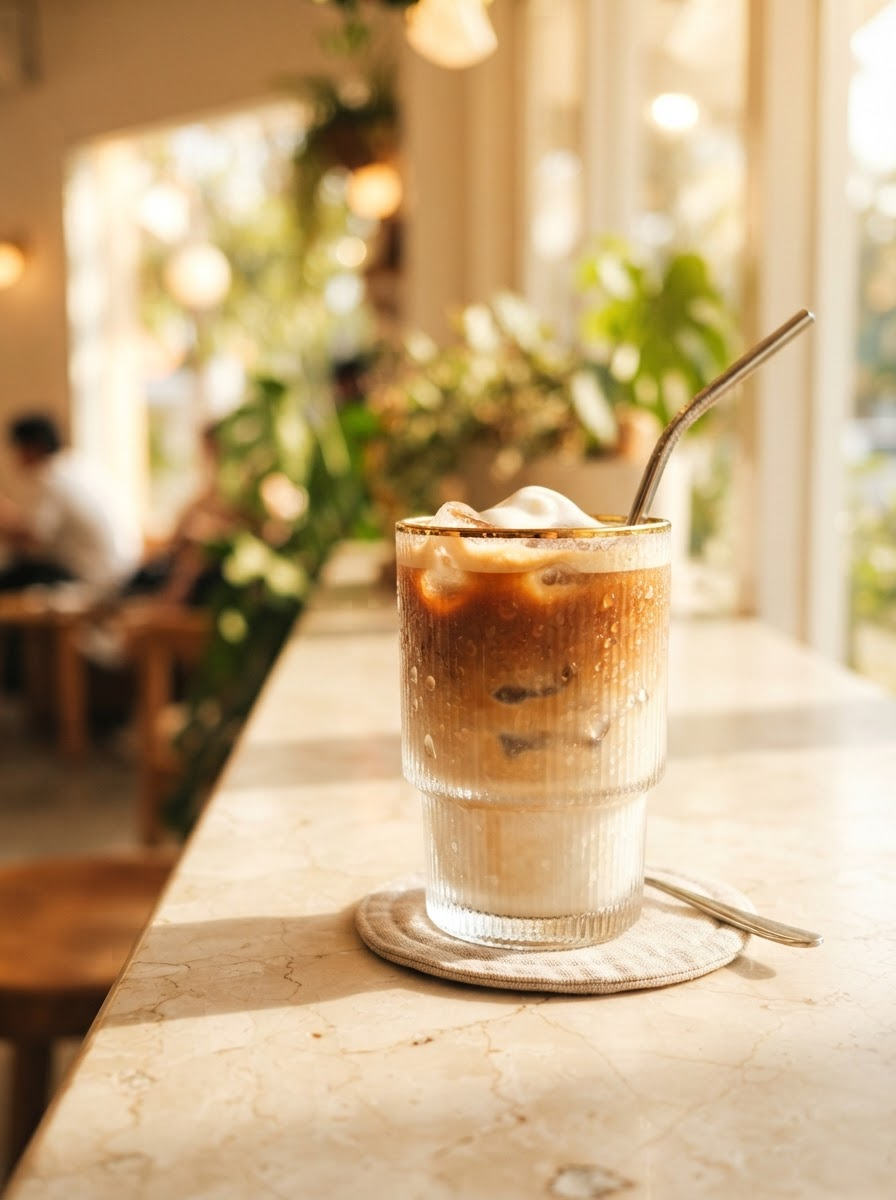 A creamy iced Caffeo drink on a sunny cafe table