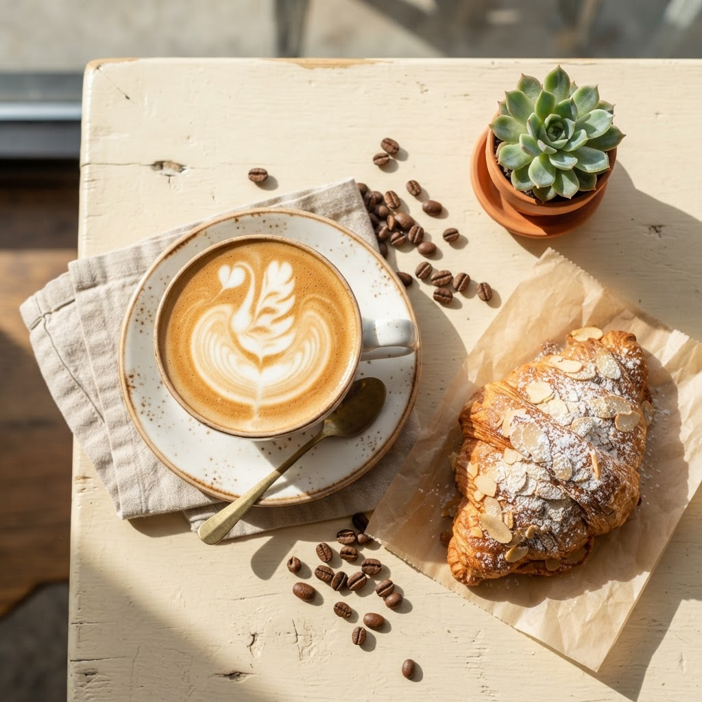Latte and pastry styled on a bright cafe table