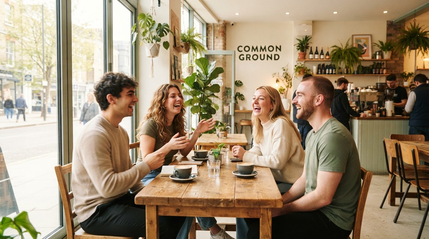 Friends laughing together inside Caffeo