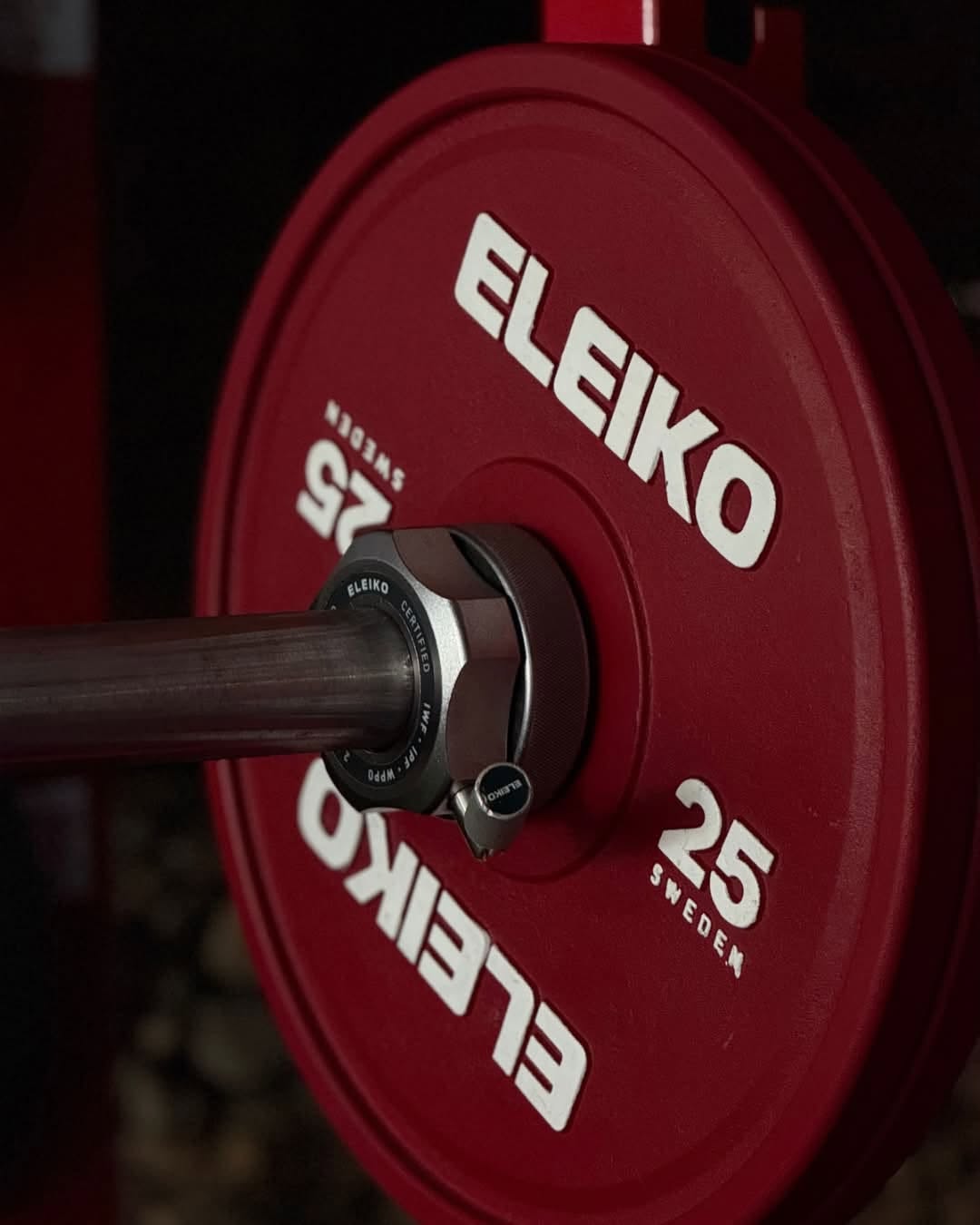 Close-up of a red weight plate