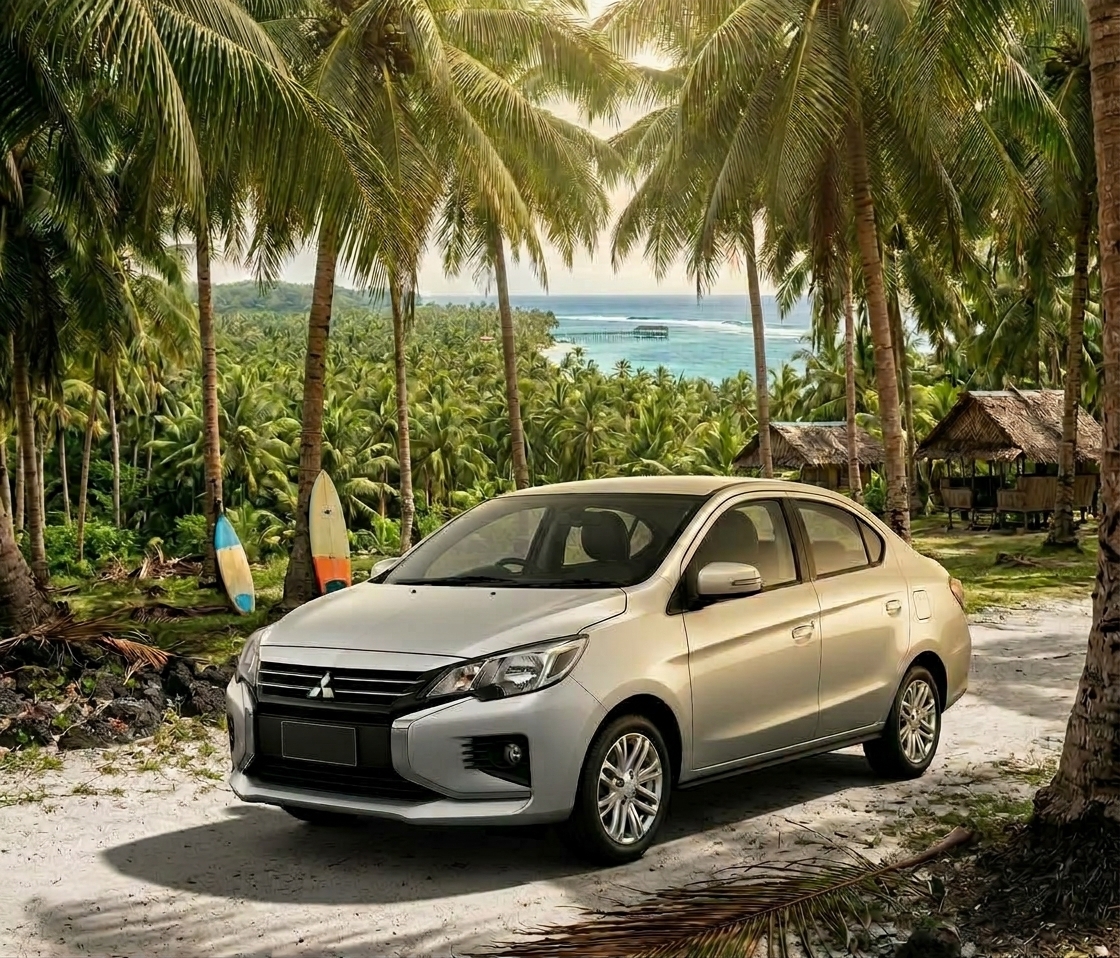 Silver Mitsubishi Mirage G4 among palms on a tropical Siargao coast