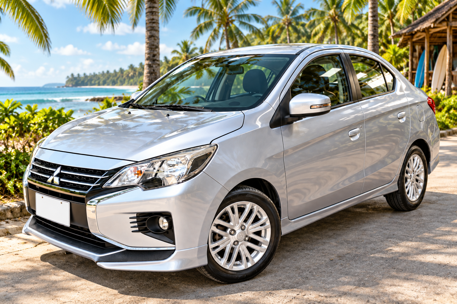 Silver Mitsubishi Mirage G4 car parked among palm trees beside a tropical Siargao beach