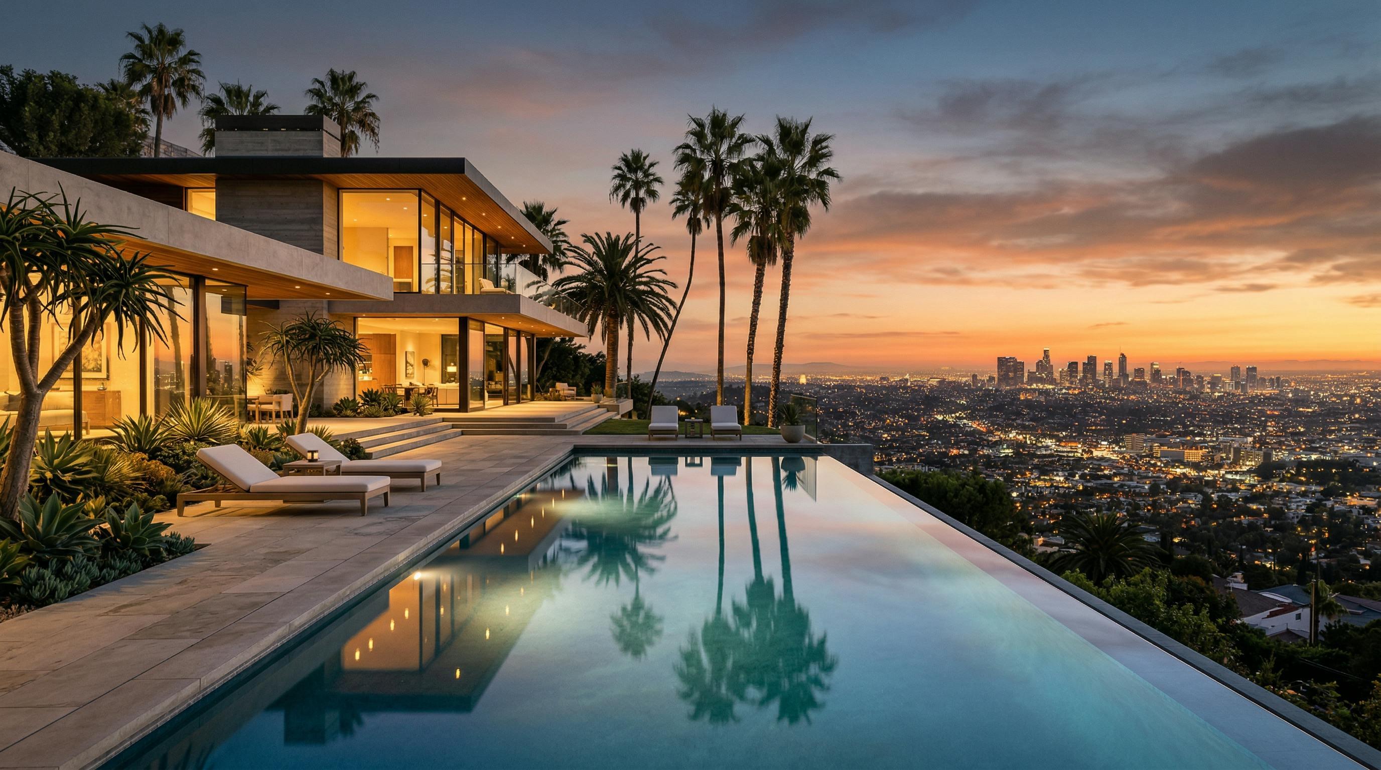 Coastal residence terrace at dusk, fictional Auremont Estates listing