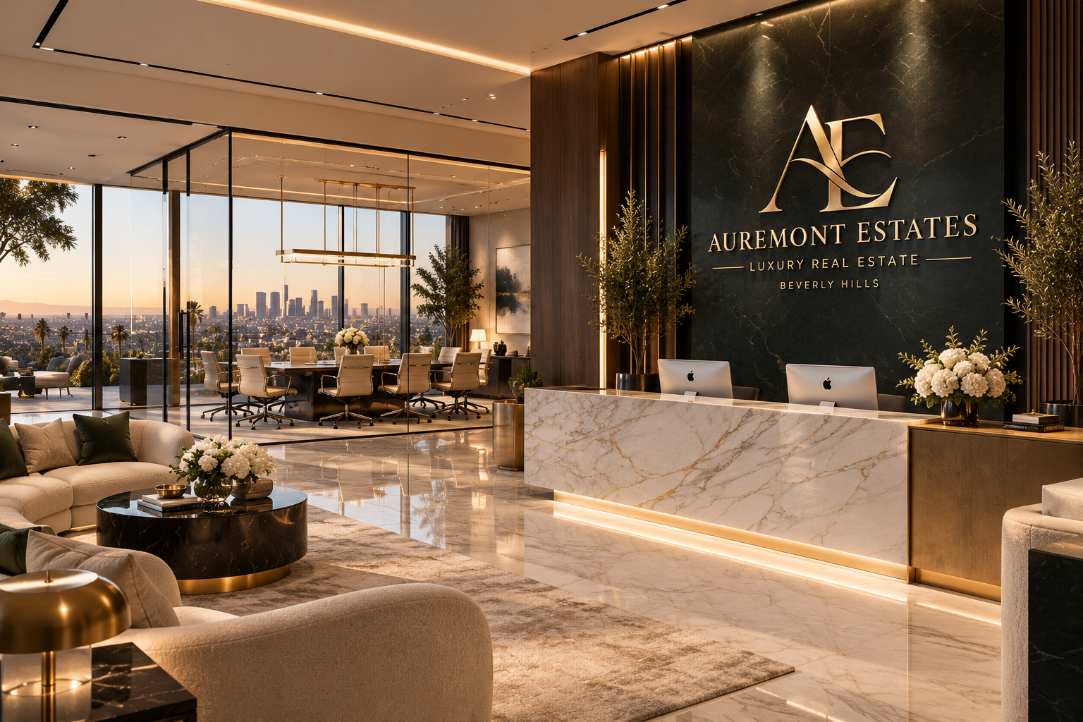 Architectural visualization of the fictional Auremont Estates office