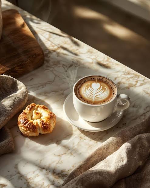 Café latte and pastry on a sunlit table