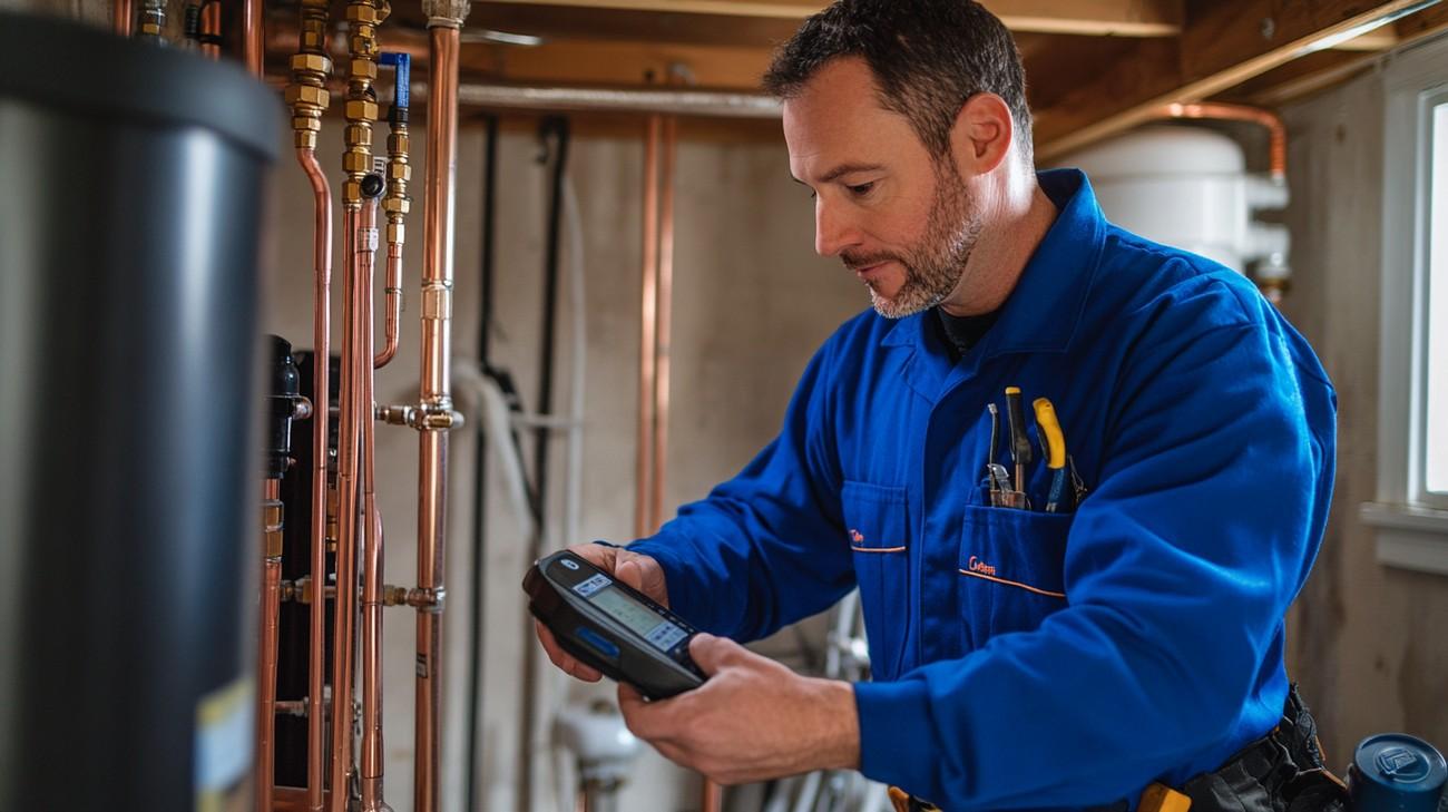 Technician inspecting plumbing pipes in a commercial mechanical room