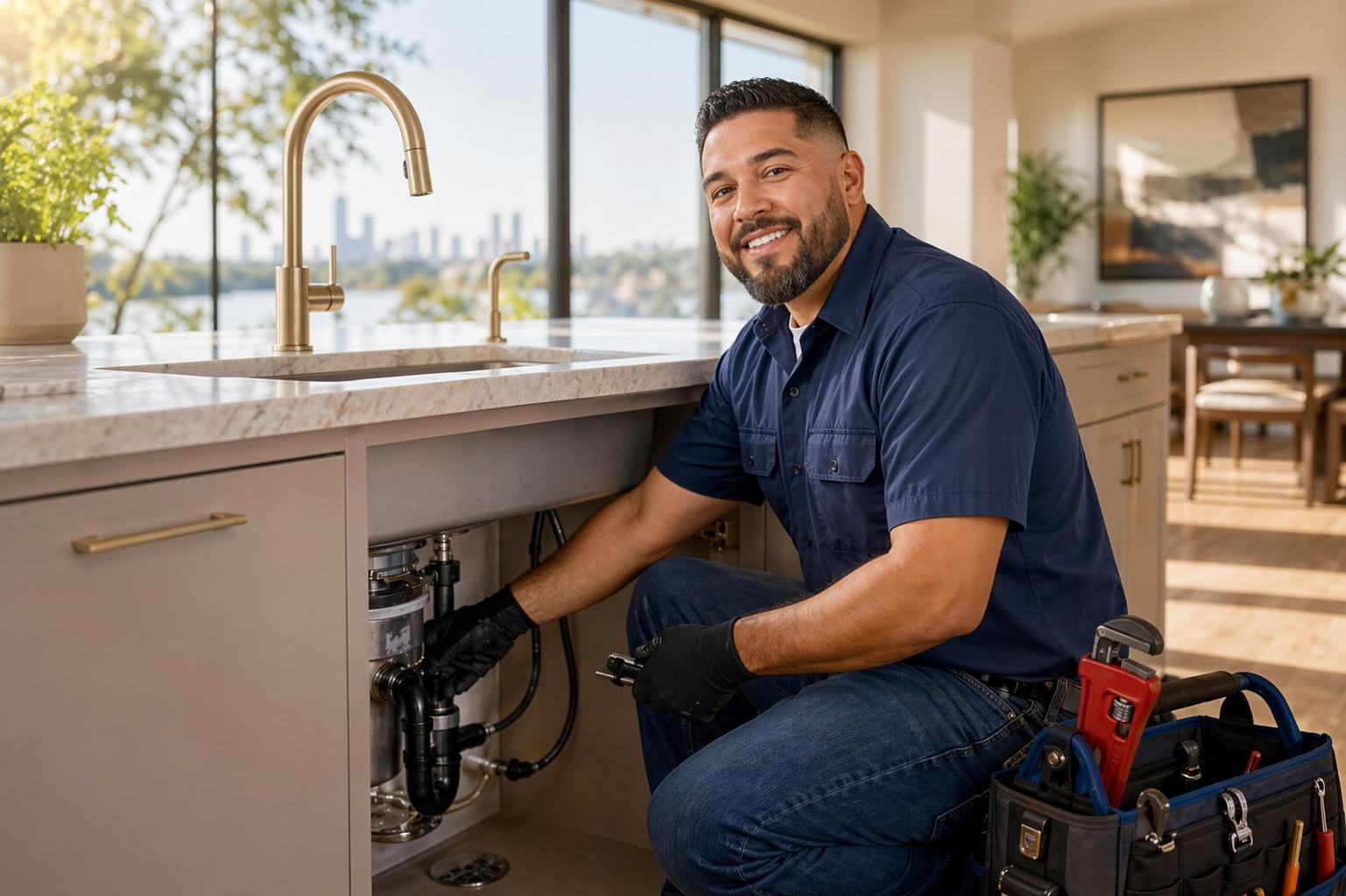 Plumbing technician inspecting and maintaining a residential water heater
