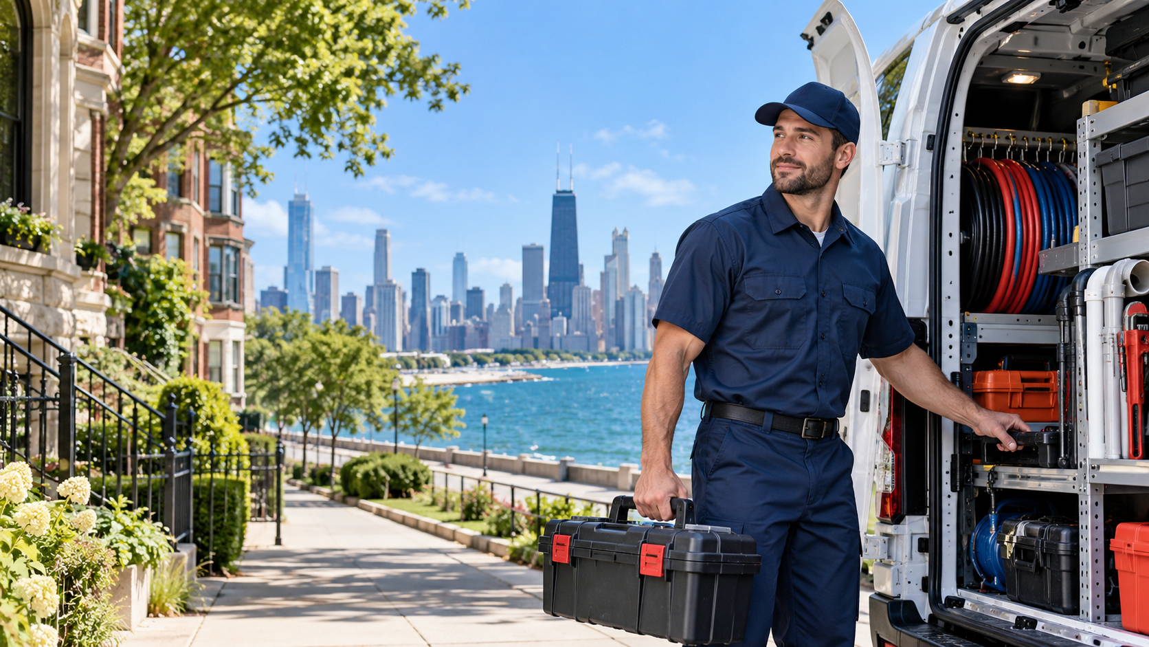 Sample image of a plumber and service vehicle in a Chicago-inspired setting