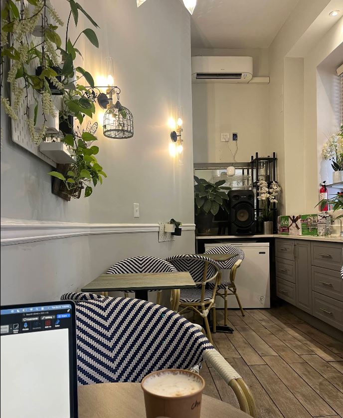 Plants and seating inside the café