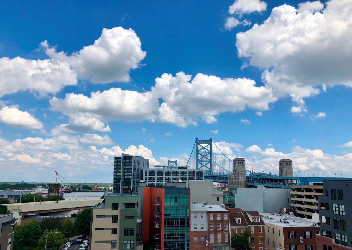 A Philadelphia city view with a bridge in the distance