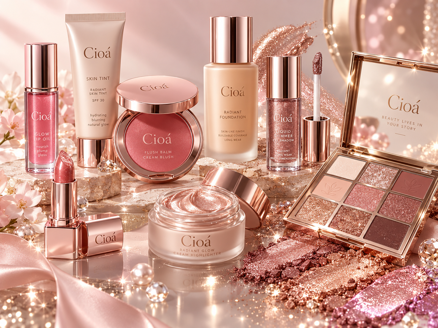 Cioá rose-gold makeup collection including blush, lip oil, skin tint, and shimmer palette