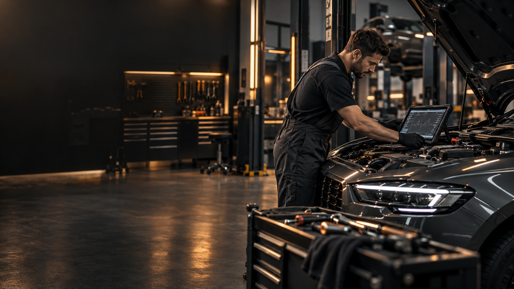 Illustrative automotive diagnostic workshop scene