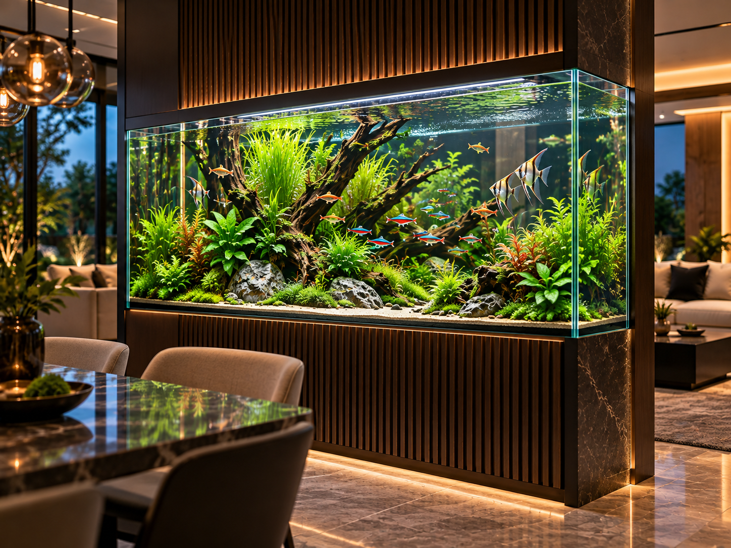 A beautifully maintained aquarium with clear water and aquatic life