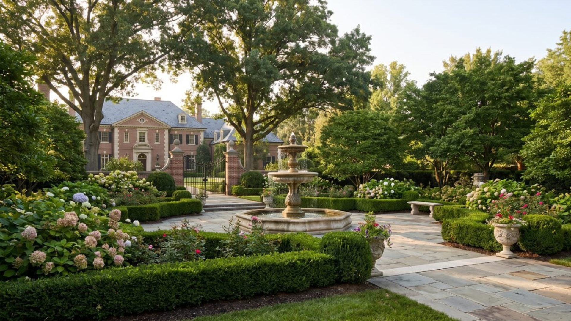 Estate grounds with mature oaks, clipped hedges and lawn — landscape care by Oak and Stone Landscaping in Greater Sacramento