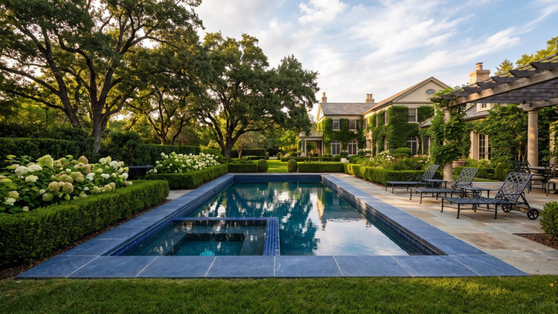 Formal garden with a rectangular pool, clipped hedges and lawn — landscape design by Oak and Stone Landscaping, Sacramento