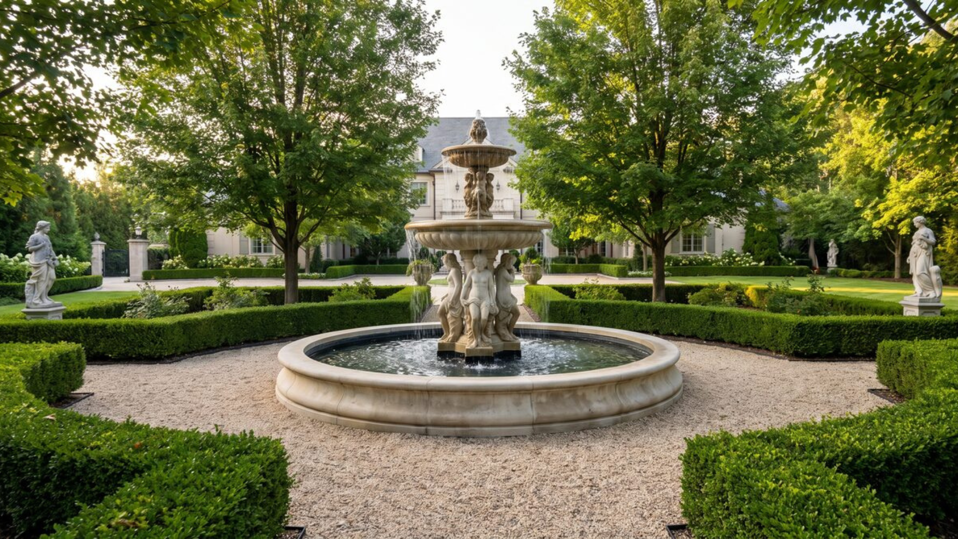 Landscaper caring for formal grounds around a fountain — commercial landscaping by Oak and Stone Landscaping