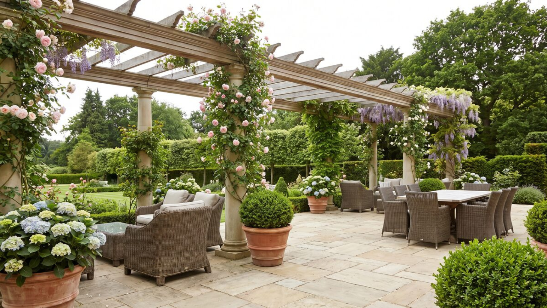 Pergola with climbing plants over outdoor seating — outdoor living space by Oak and Stone Landscaping