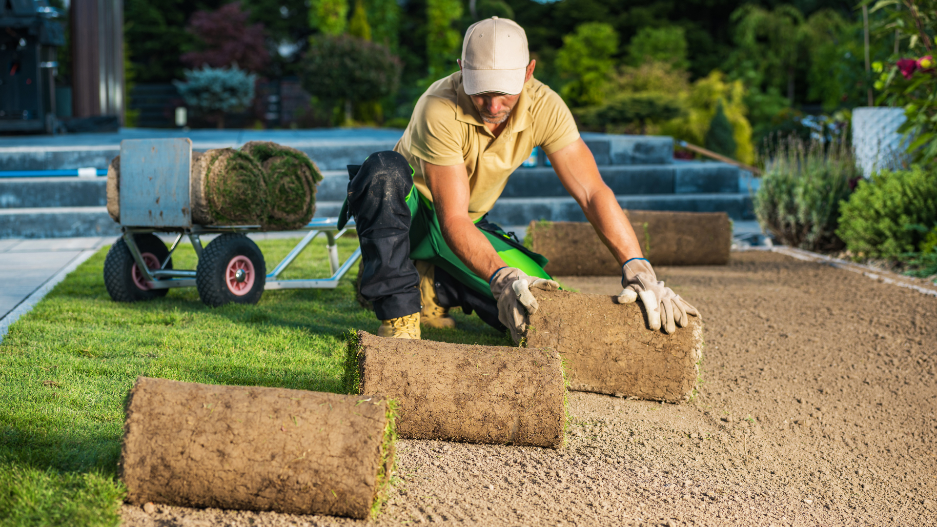 Landscaper laying fresh sod rolls for a new lawn — lawn installation by Oak and Stone Landscaping in Greater Sacramento