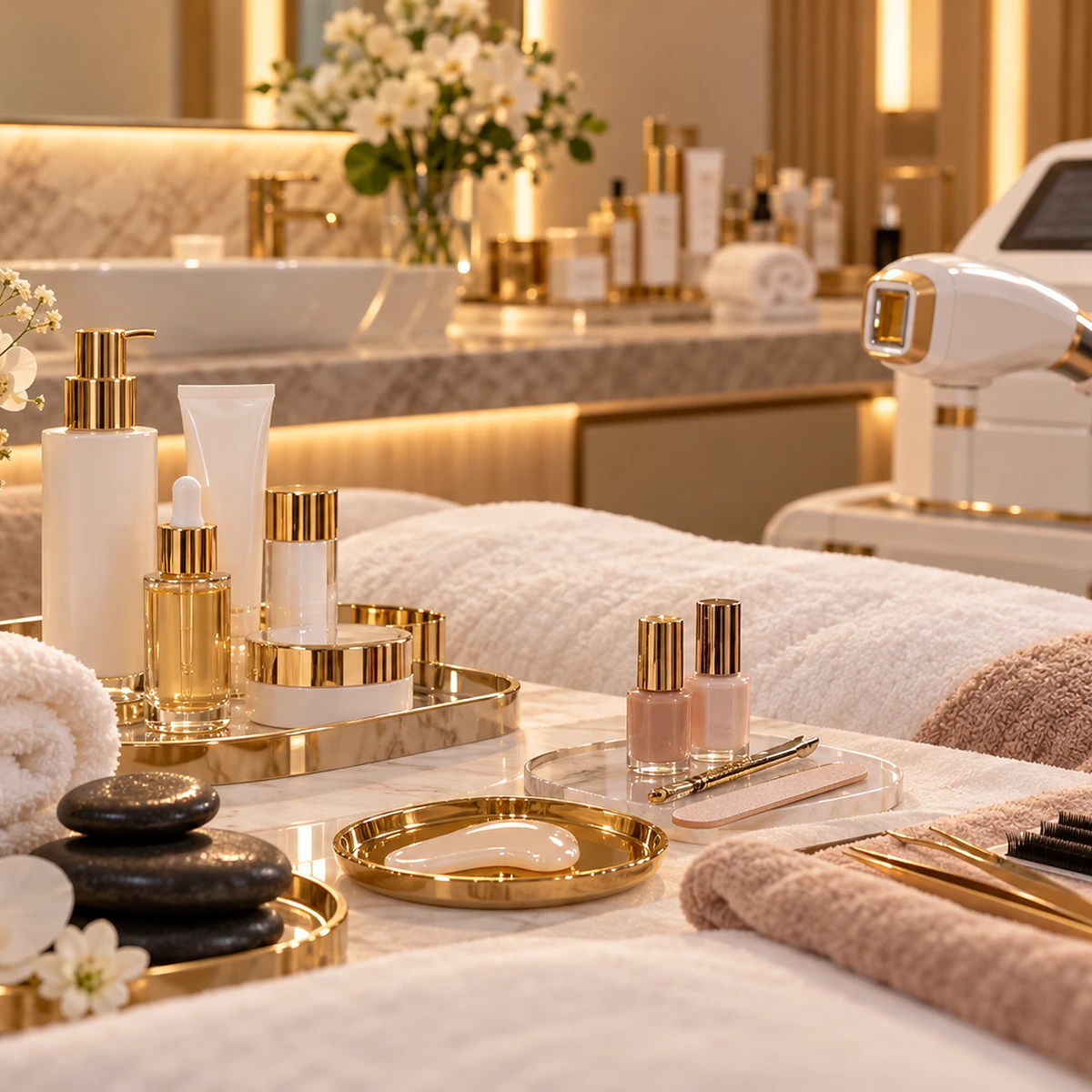 Folded towels and skincare tools in a treatment space