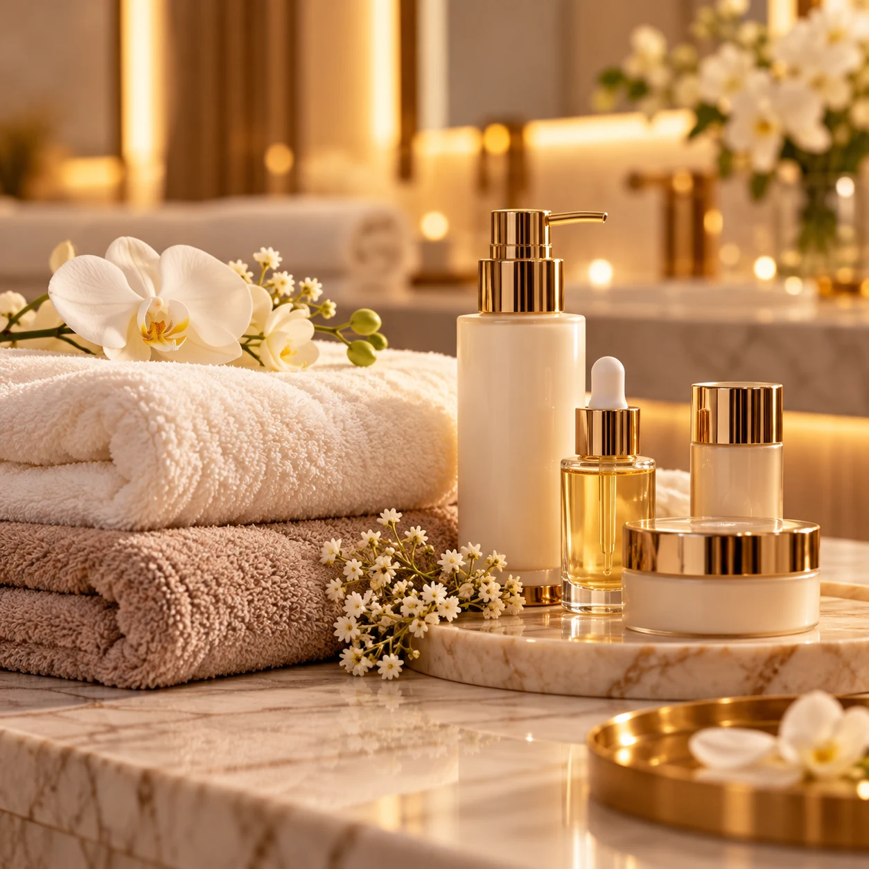 Serum and cream bottles with folded towels and an orchid