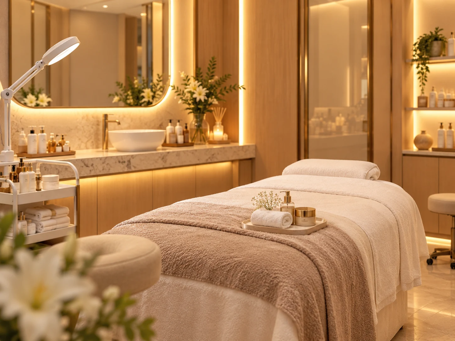 Warm, softly lit facial treatment room