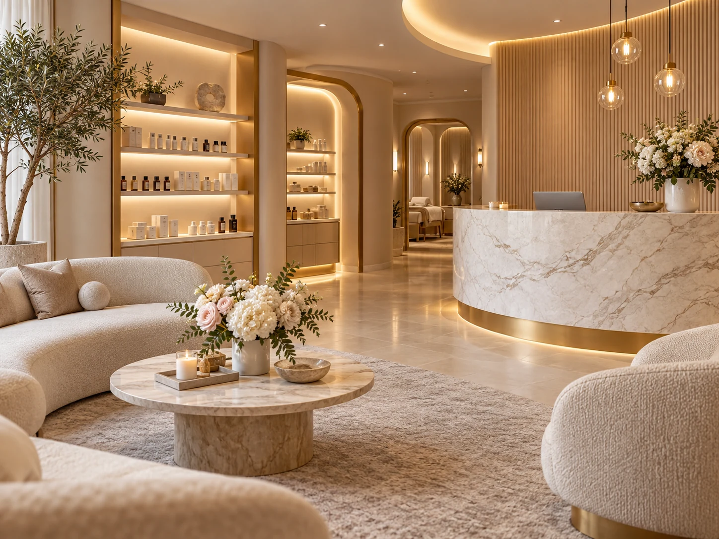 Elegant marble reception and seating area