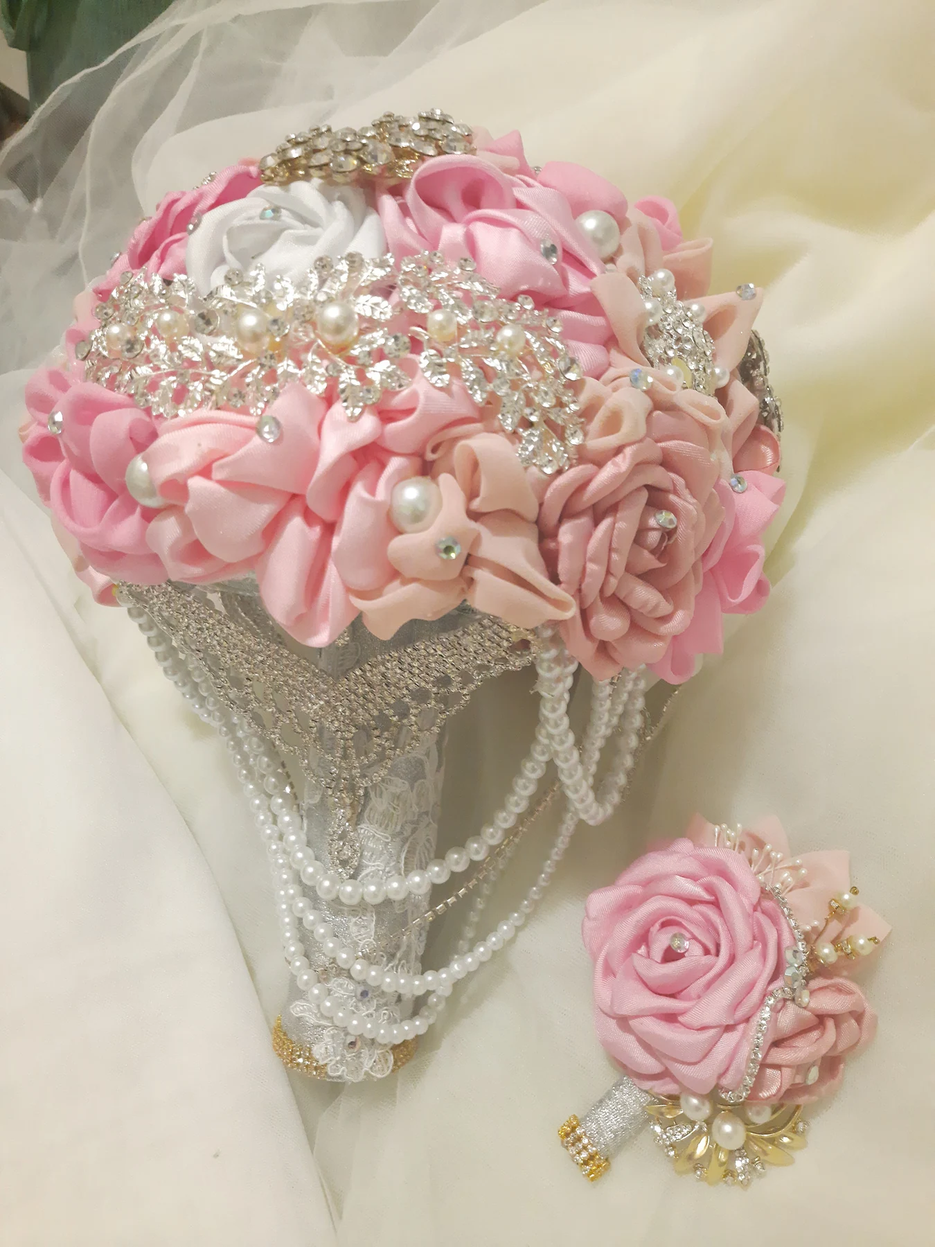 Empress statement bridal bouquet with pearls and blush roses