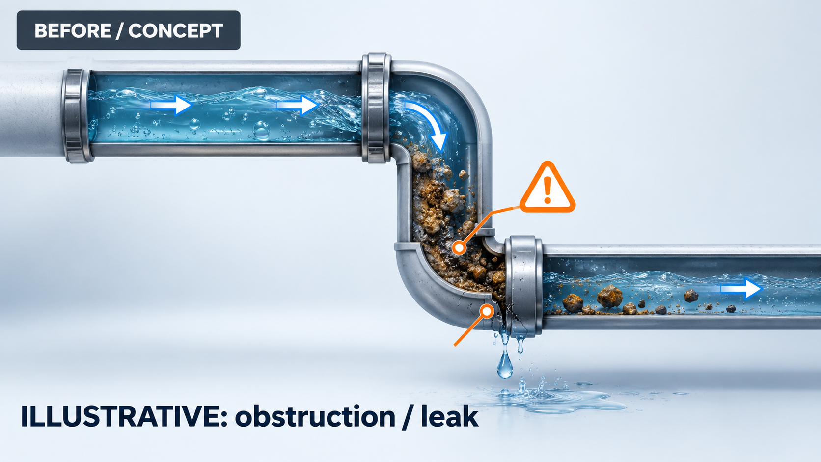 Illustrative obstructed leaking plumbing pipe concept