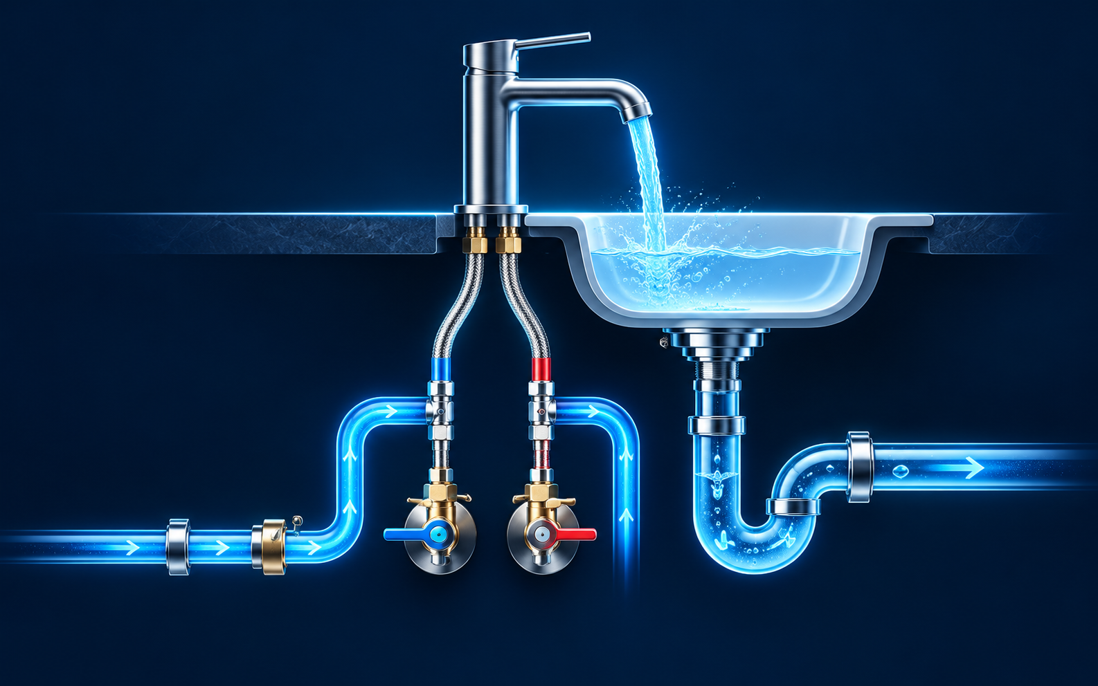 Supply and fixture plumbing technical concept, illustrative visualization