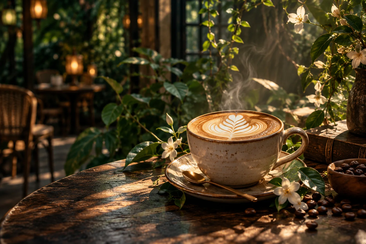 Beautiful handmade latte with delicate leaf foam art among lush botanical greenery