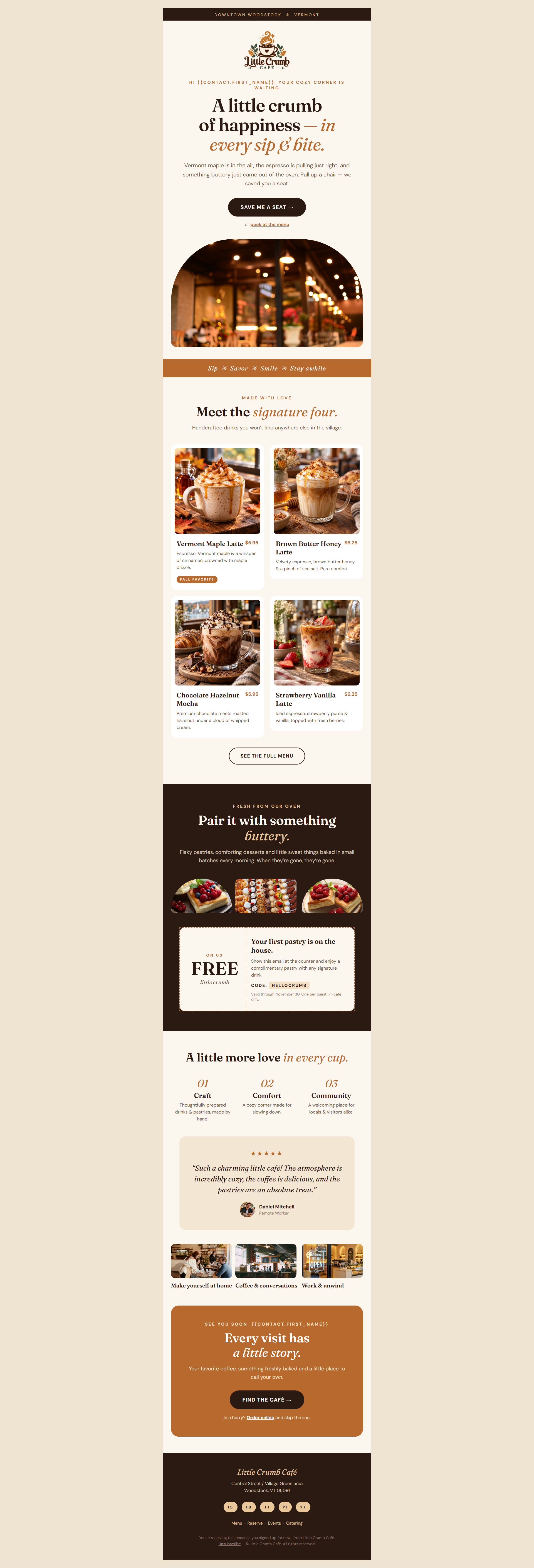 Your cozy corner is waiting | Little Crumb Café email template preview
