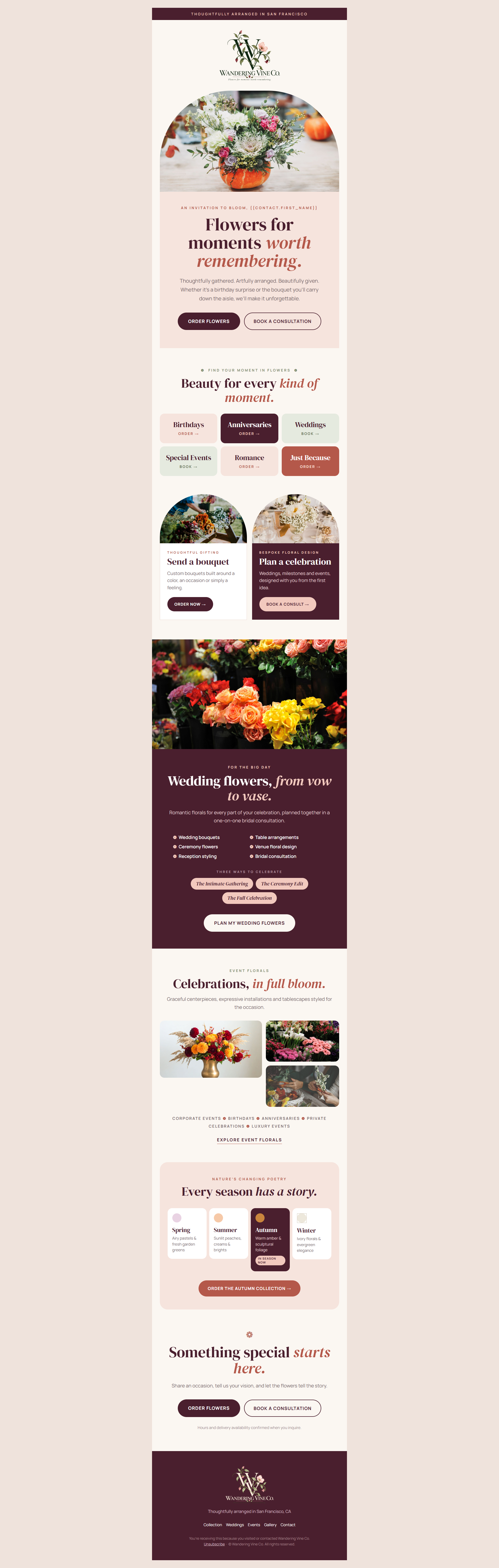 Flowers for moments worth remembering | Wandering Vine Co. email template preview