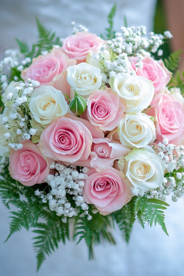 Blushing Hearts soft pink and ivory roses with greenery