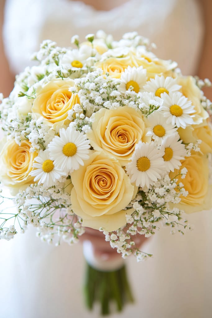 Golden Hour Romance yellow roses, white daisies, and baby's breath