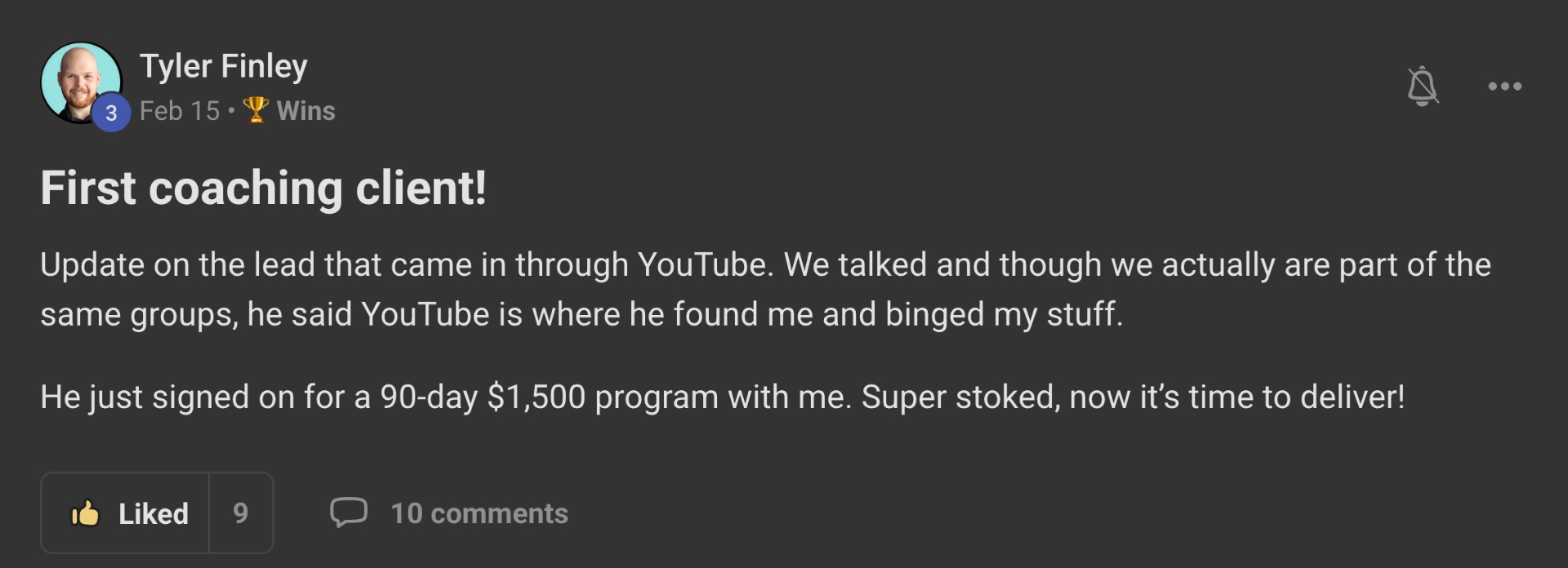 Tyler Finley: first coaching client from YouTube, a $1,500 sale