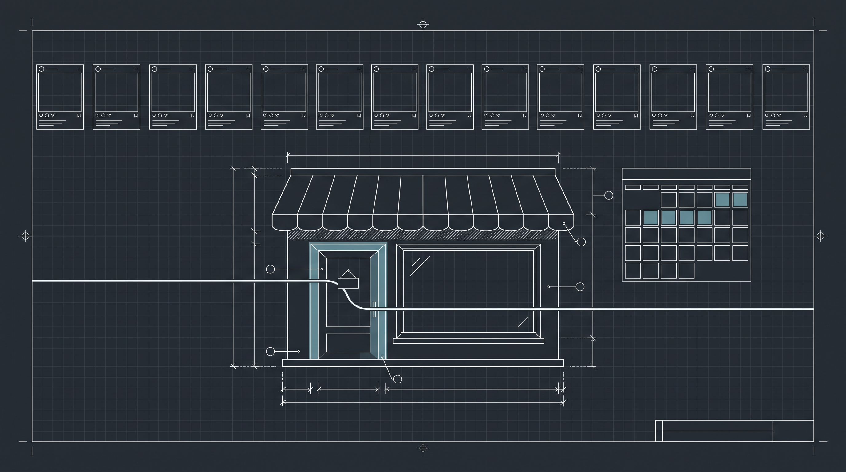 Blueprint line drawing of an orderly storefront with a row of post frames and a calendar