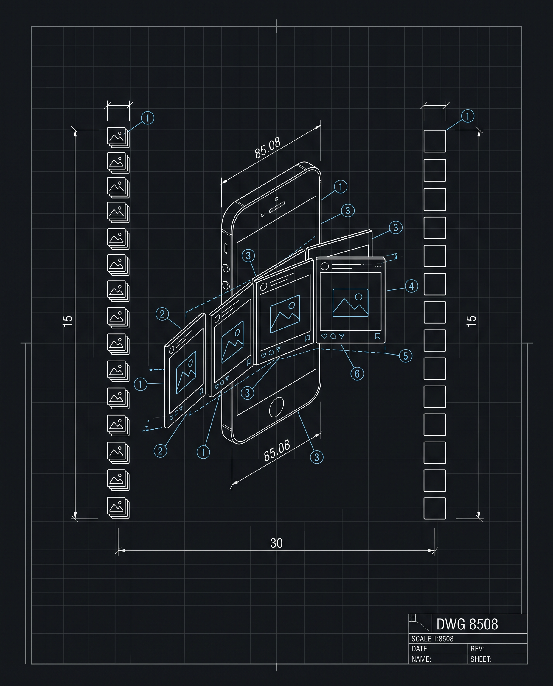 Blueprint line drawing of multi-slide carousel post layouts for Plan B