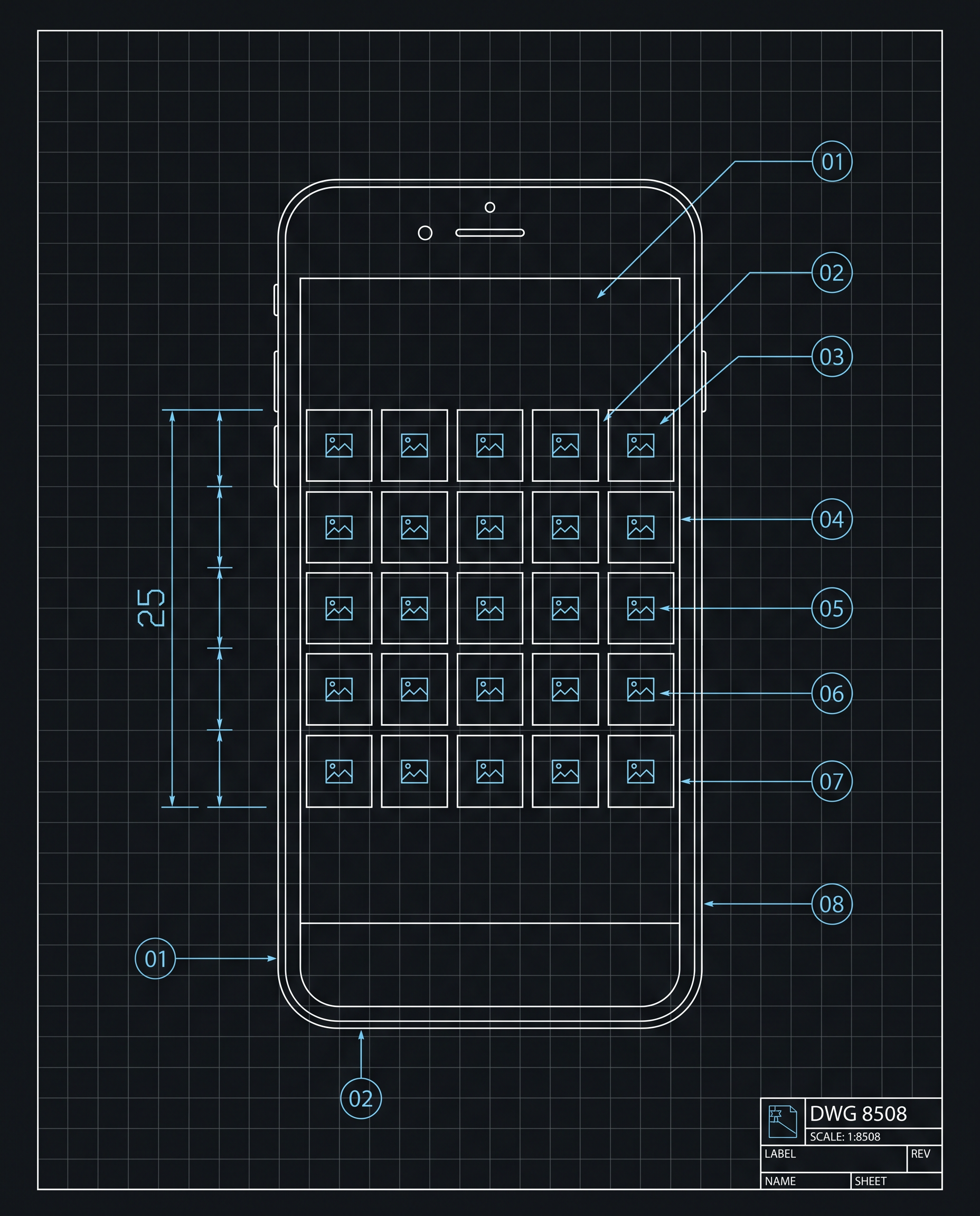 Blueprint line drawing of single-image post layouts for Plan A