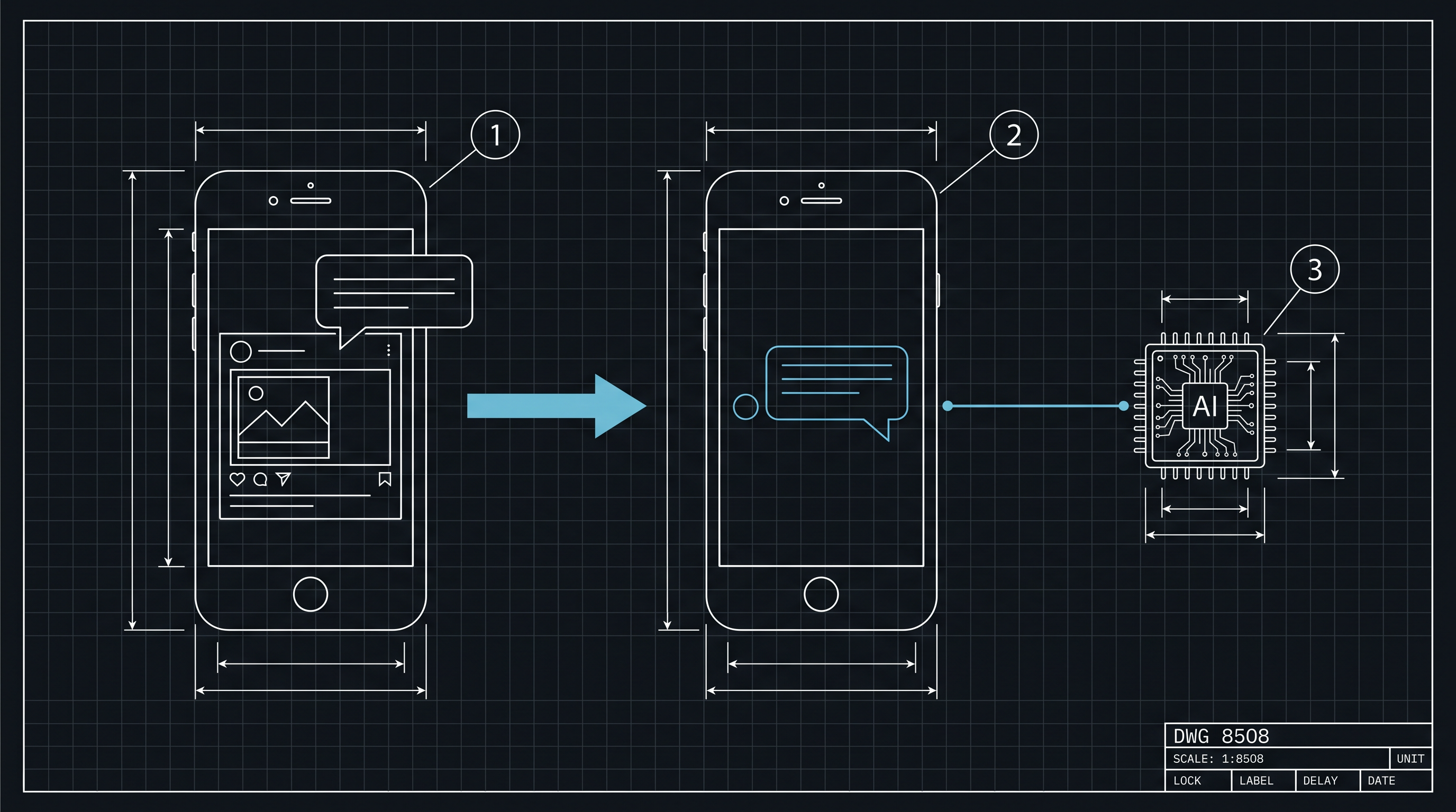 Blueprint line drawing of a comment turning into a direct message