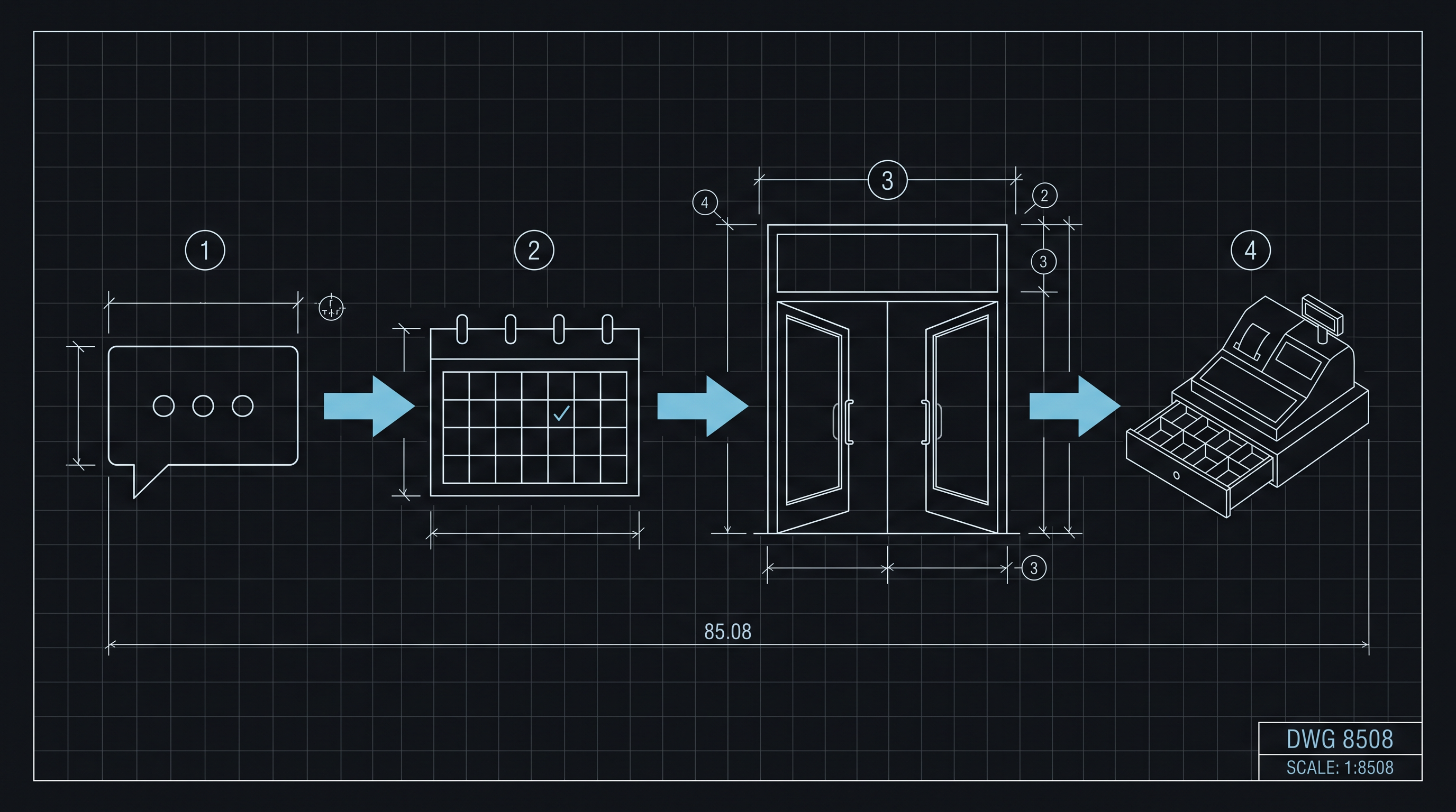 Blueprint line drawing of a booked appointment leading to revenue