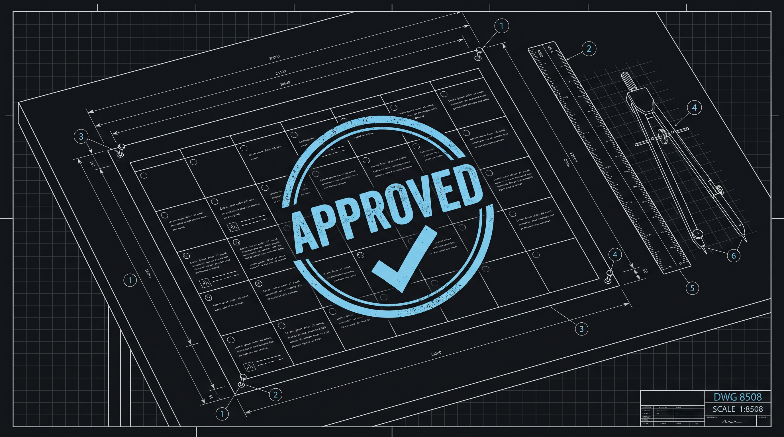 Blueprint line drawing of an approval calendar with post drafts