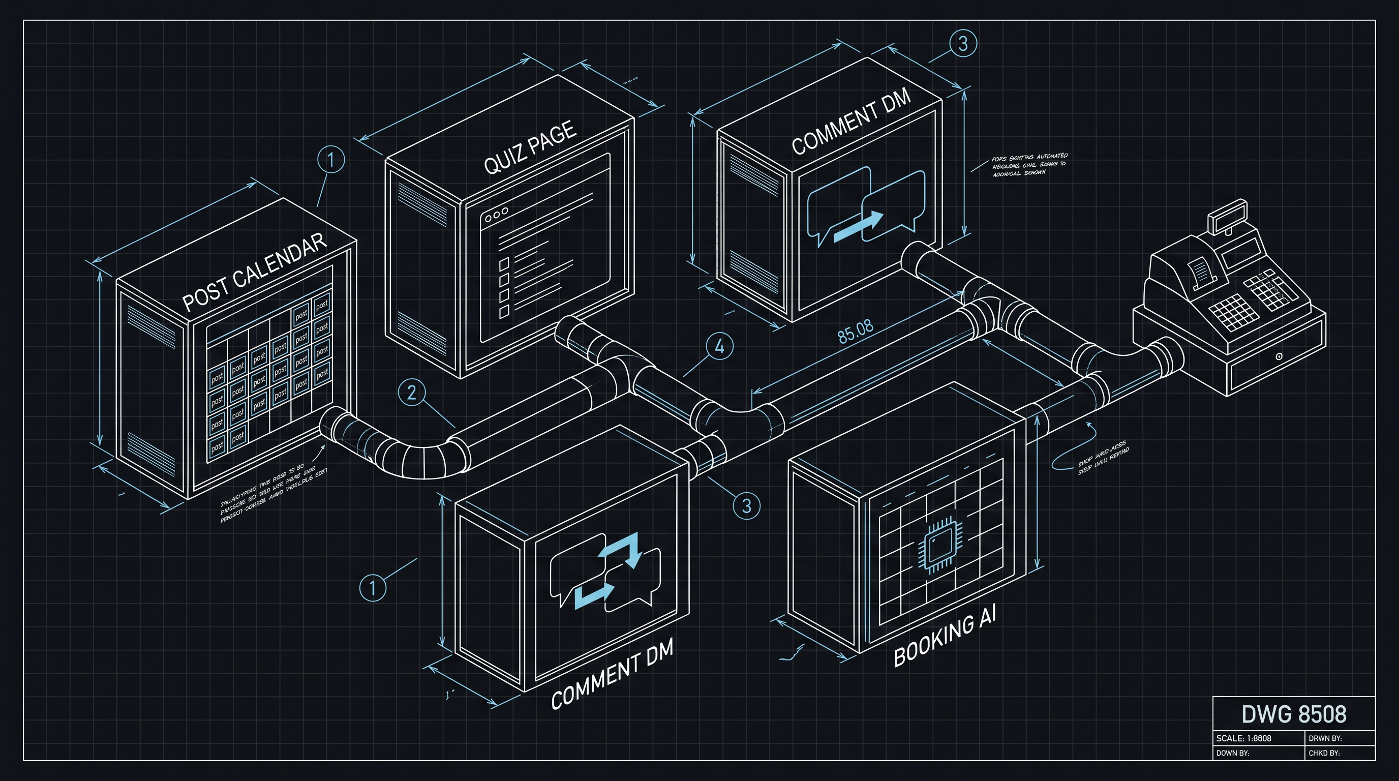 Blueprint line drawing of four connected modules forming one machine