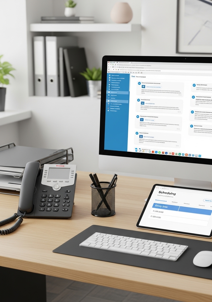 Photo showing a desk with a computer running an ai receptionist software