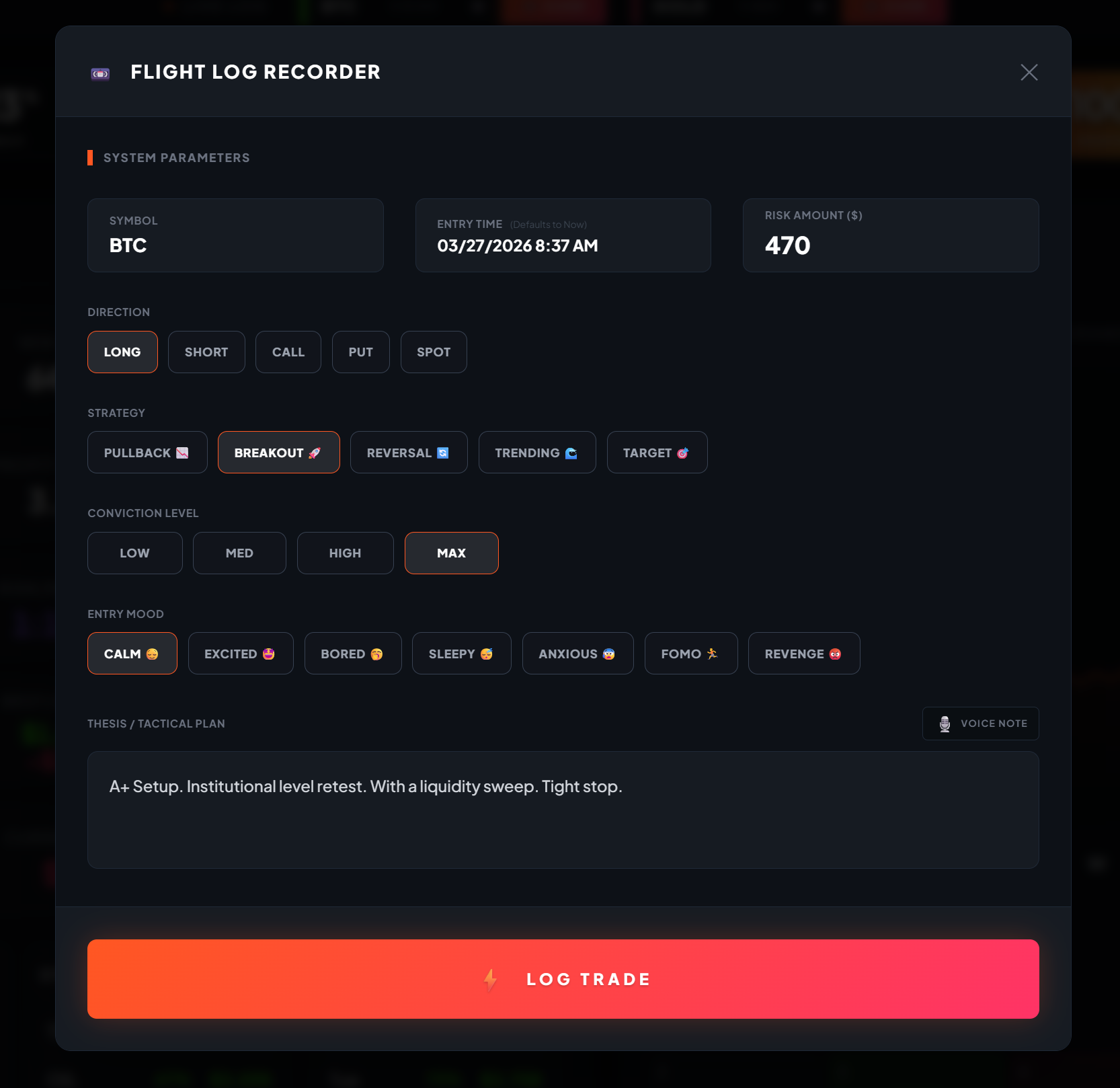 The tactical manual trade logging interface used to track entry thesis and psychological state.
