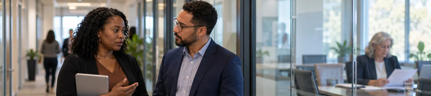 Two colleagues talk quietly in an office hallway while a senior leader reads alone behind the glass