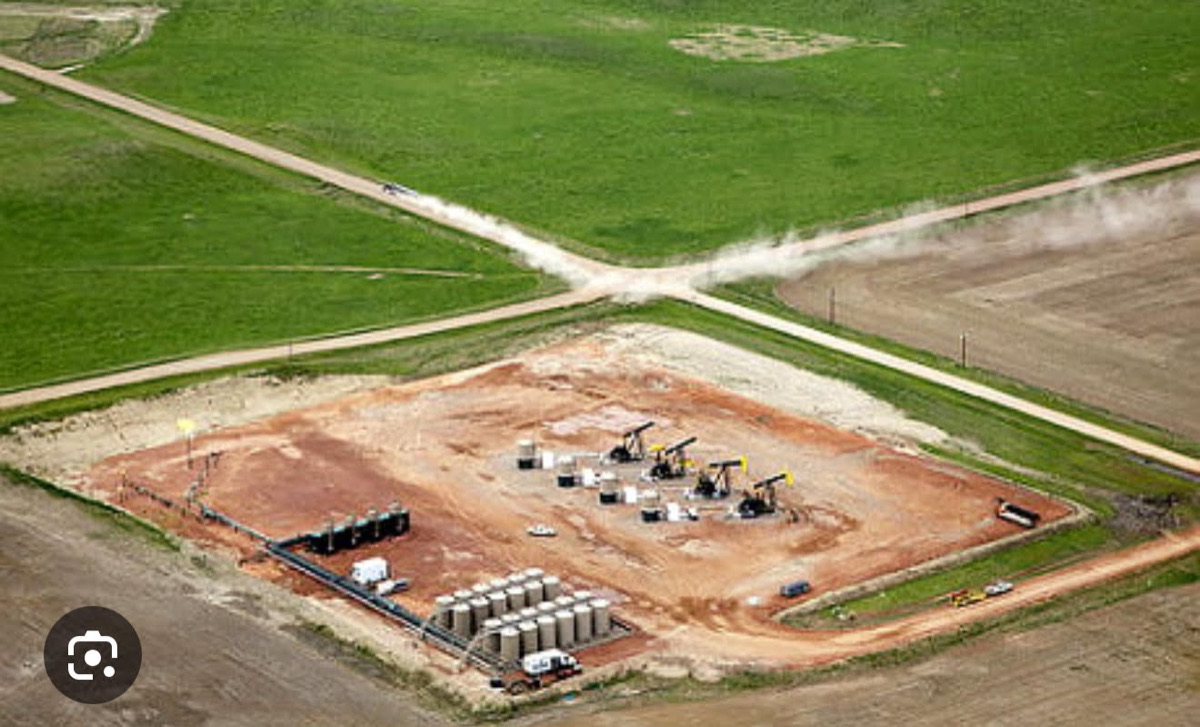 Aerial view of an oilfield well pad in North Dakota