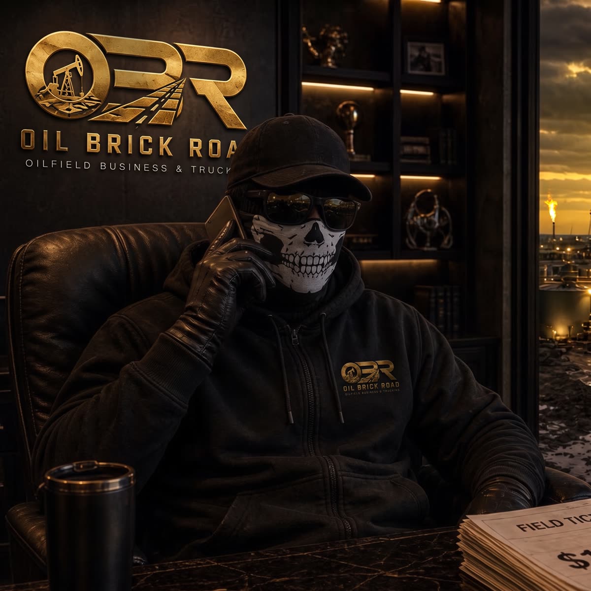 The masked founder of Oil Brick Road at his desk
